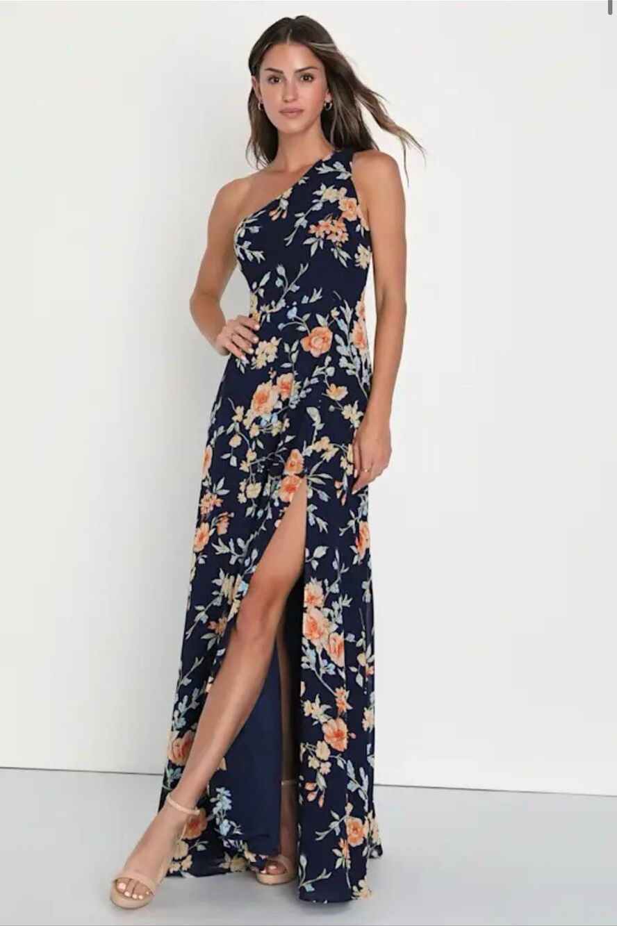 Lulus M NWT Elegant Admiration Navy Blue Floral One-Shoulder Maxi Dress
